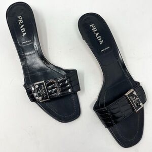 Vintage Prada Black Leather Croc Mule Sandal Metal Logo Kitten Heel size 40 EU